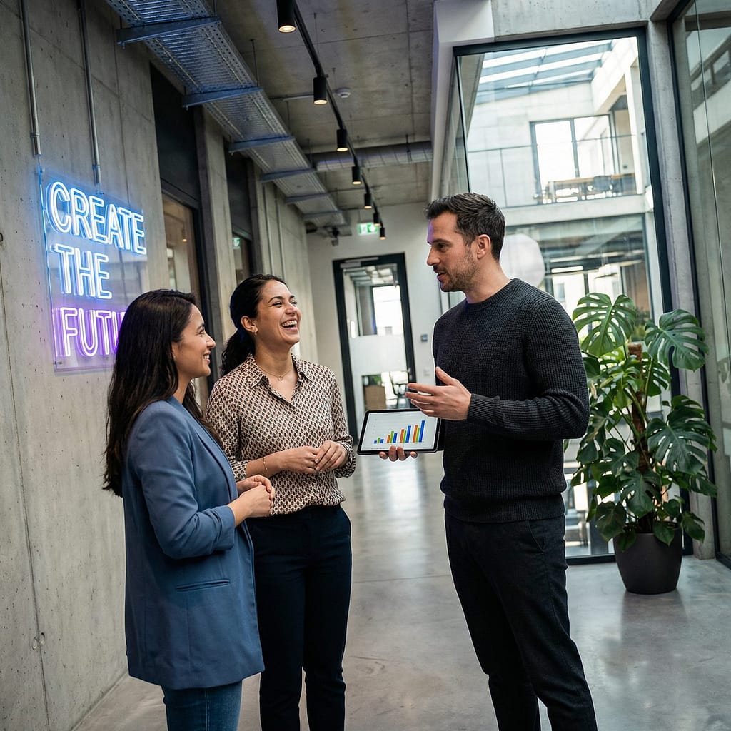 customer service team in a bright, modern open-plan office.
A woman in her 30s laughs while sharing a digital dashboard on a tablet with a colleague.
Natural sunlight streams through floor-to-ceiling windows.