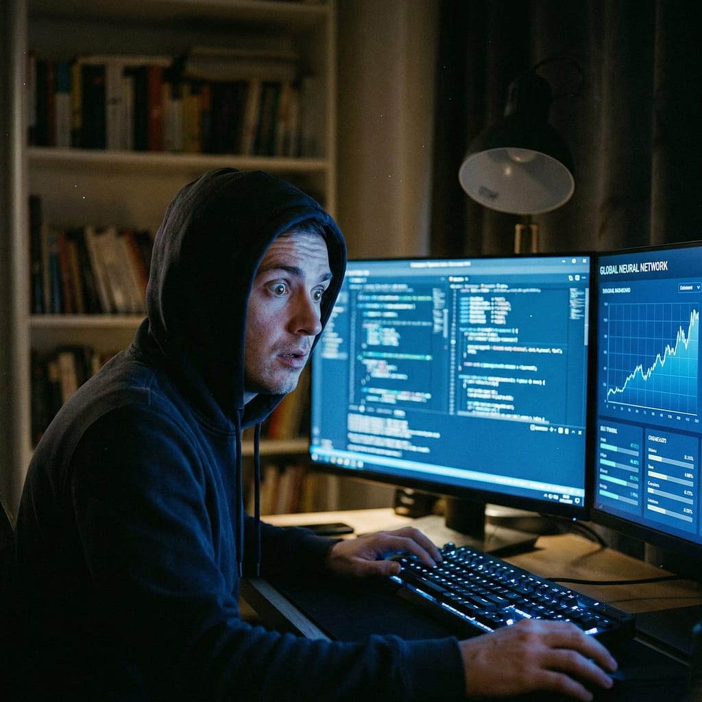 a young software engineer sitting in a dimly lit home office at 2 AM. Their face is illuminated solely by the glow of a dual-monitor setup showing complex code and data charts.