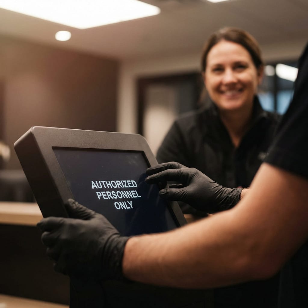 A woman in her 30s laughs while sharing a digital dashboard on a tablet with a colleague.
