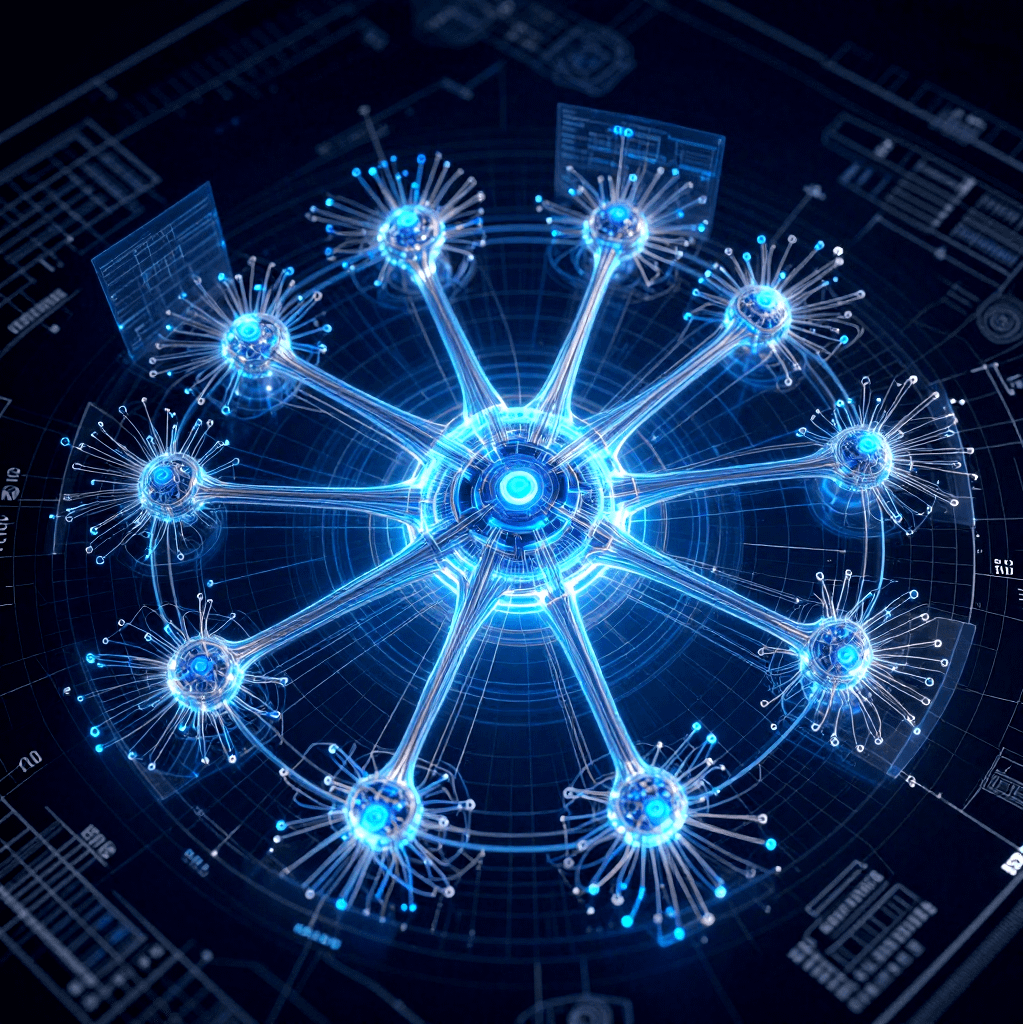 A highly detailed technical schematic of interconnected neural nodes representing a multi-agent system