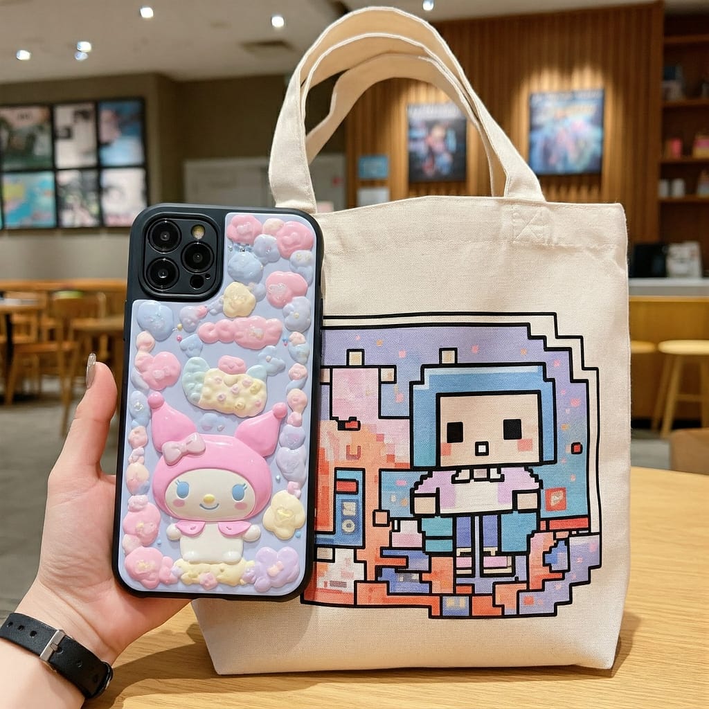 A side-by-side comparison of two print-on-demand products: a cute kawaii phone case and a retro-inspired pixel art tote bag.