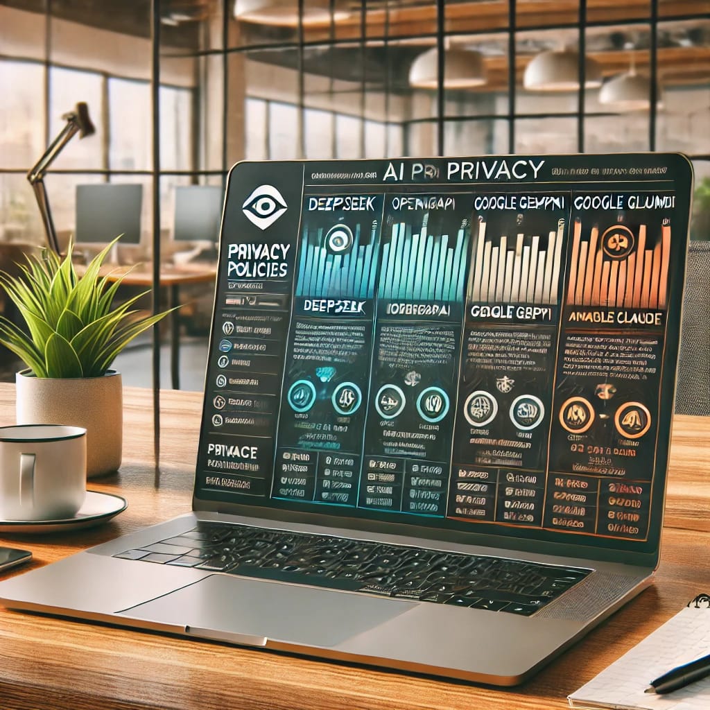 AI Privacy Comparison Chart – A detailed infographic comparing AI privacy policies for DeepSeek, OpenAI ChatGPT, Google Gemini, and Anthropic Claude.