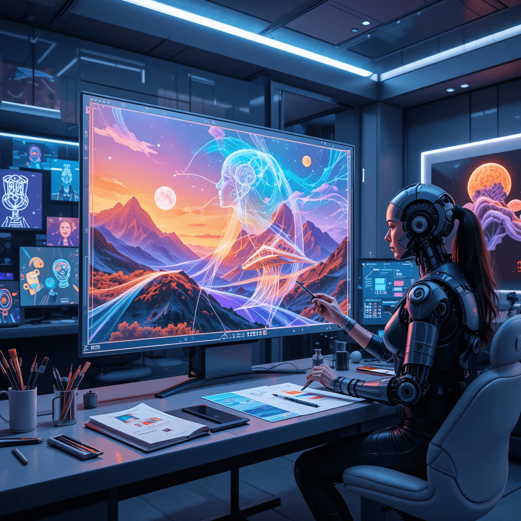 A futuristic studio where an artist and AI collaborate on a holographic canvas, blending human creativity with artificial intelligence.