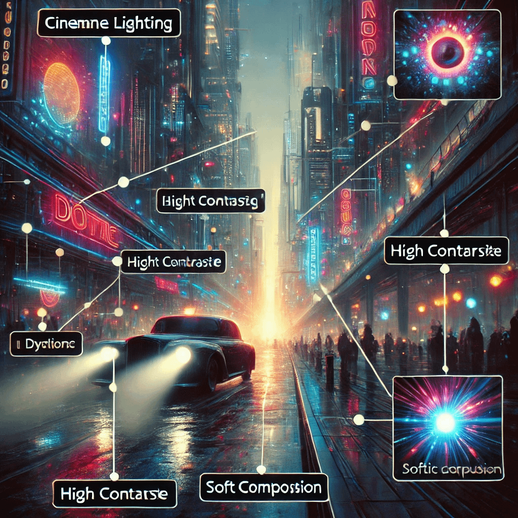 Annotated breakdown of AI-generated artwork – showcasing how key terms like lighting, composition, and style affect the final image.