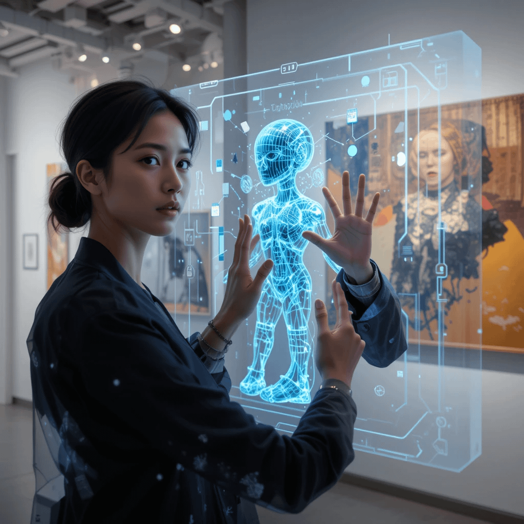 A photorealistic image of a person interacting with an AI art generator on a holographic display. The display shows a complex 3D model being manipulated with hand gestures. The person should look curious and engaged. The background could be a futuristic art gallery.