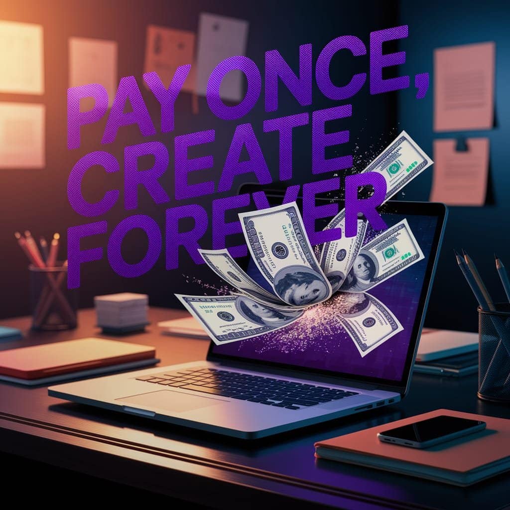 Laptop on a dark workspace with glowing screens of AI art tools, digital dollar bills turning into bright pixels, text overlay reading ‘Pay Once, Create Forever,’ in neon purple and navy tones.”