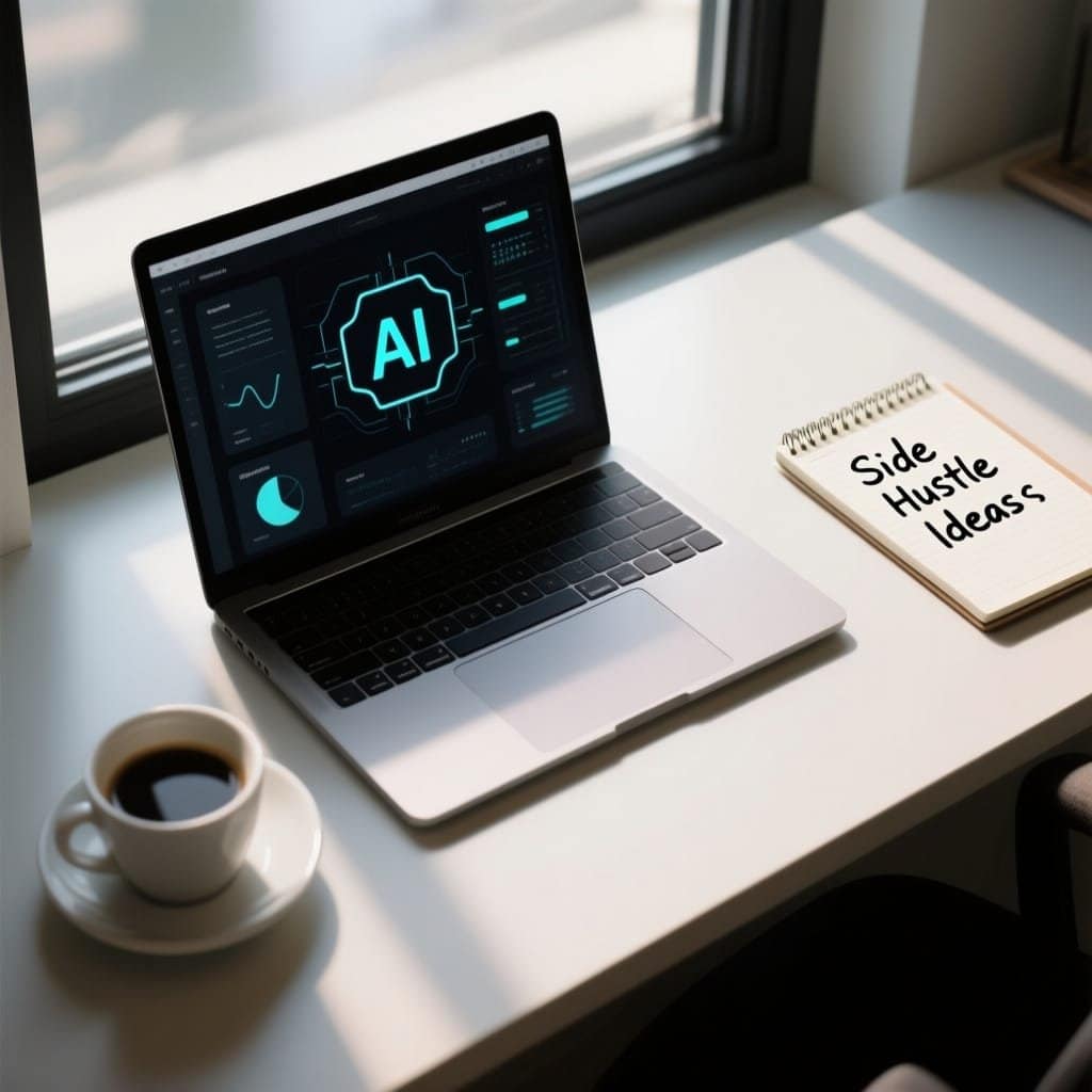 Desk setup for starting an AI online side hustle from home.