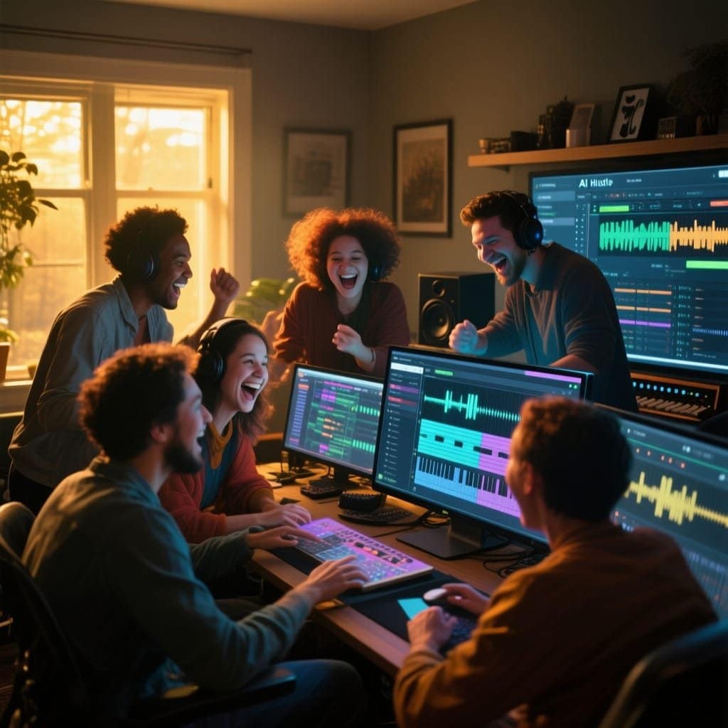 Diverse people collaborating on profitable AI music side hustles online.