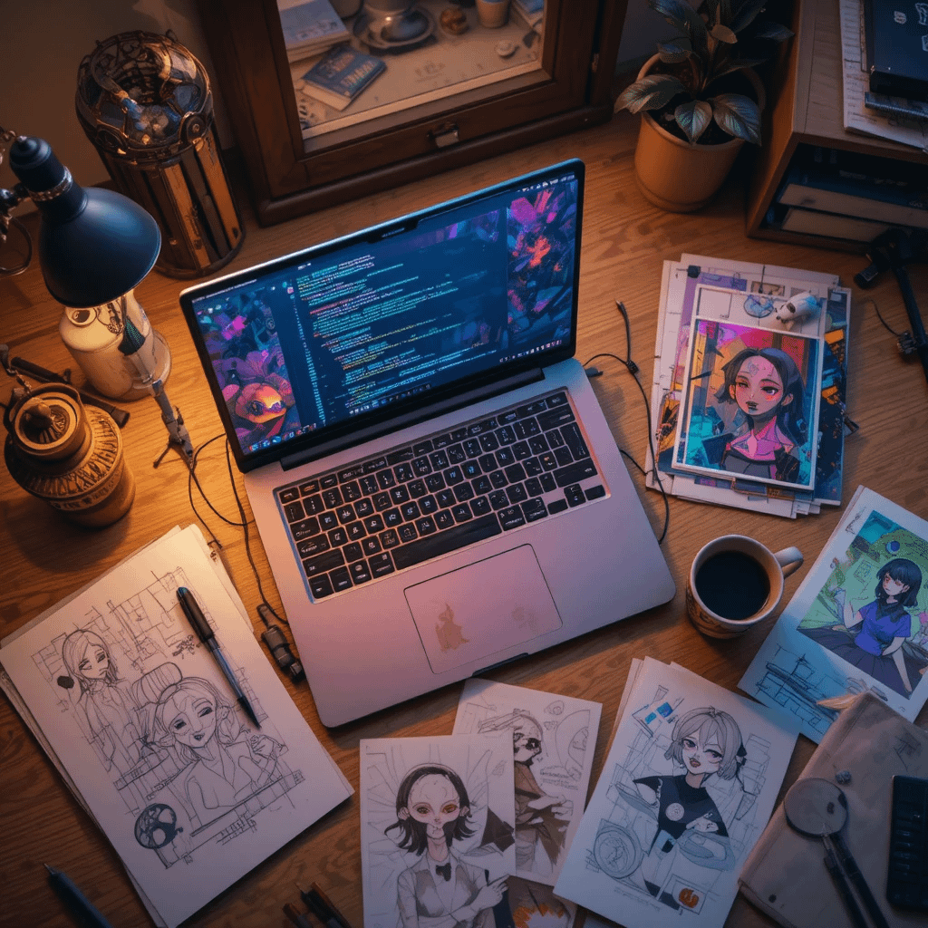 odern coding app interface generating abstract digital art with a stunning indigo theme.