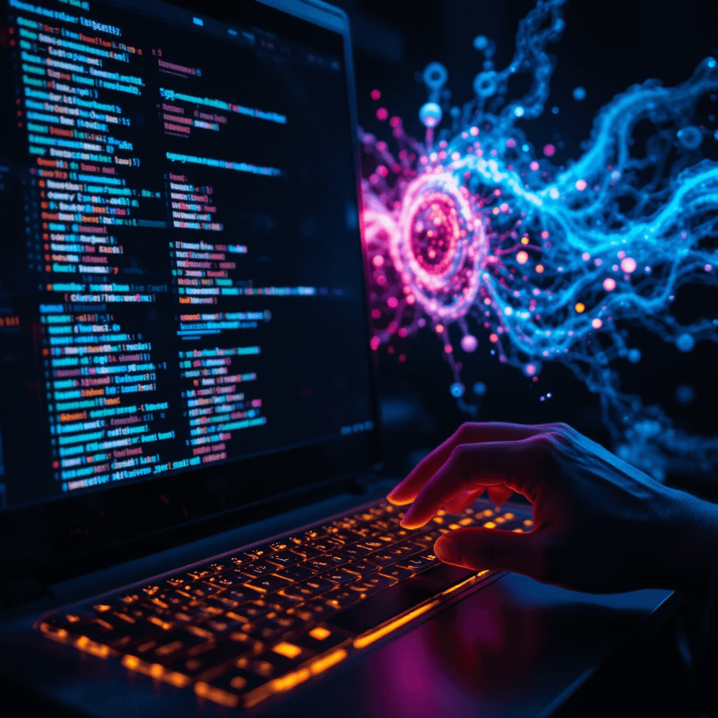 Developer's hands coding digital art with a dark theme and neon accents.