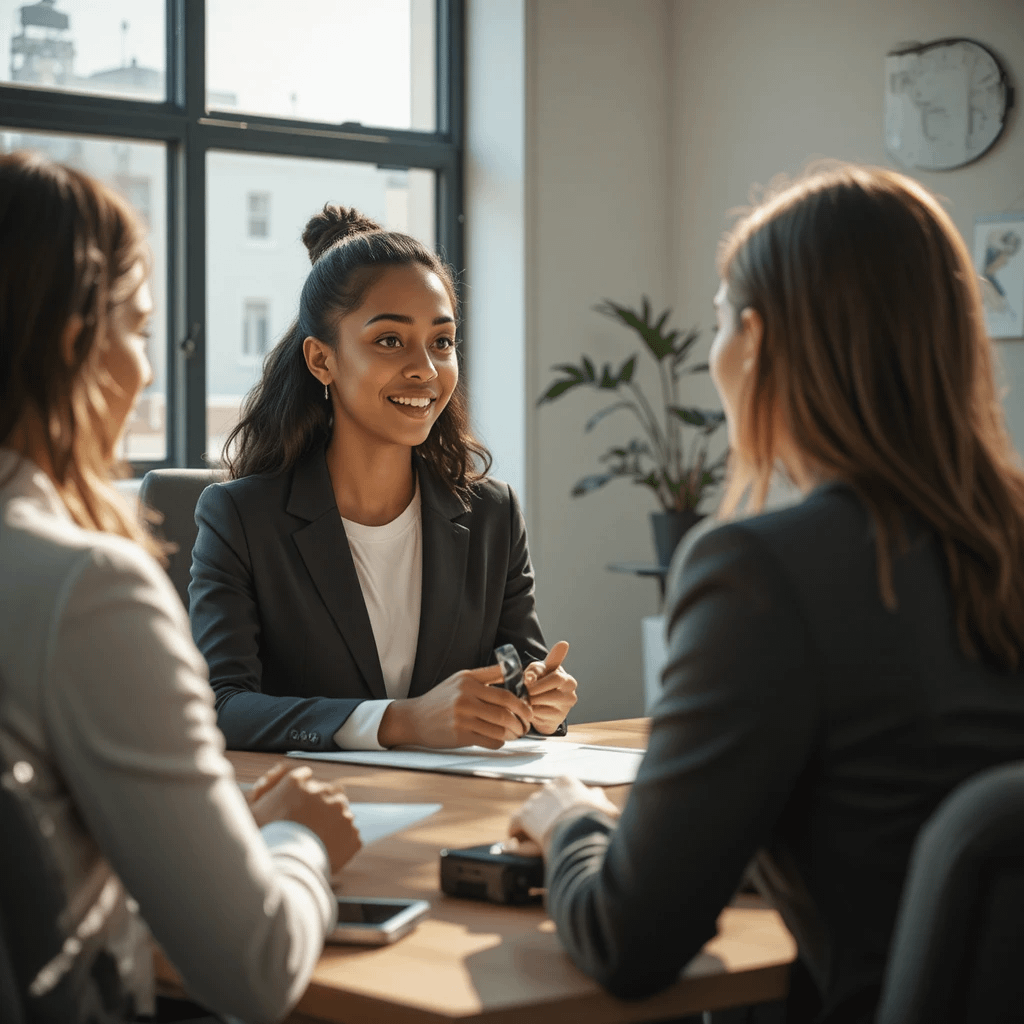 Confident job candidate in interview with two hiring managers in a modern office setting.”