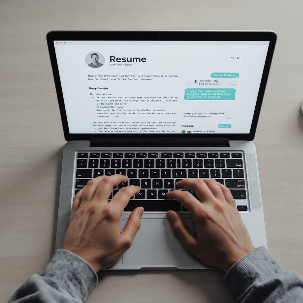 “Laptop screen showing ChatGPT rewriting a resume with AI prompts for job seekers.”