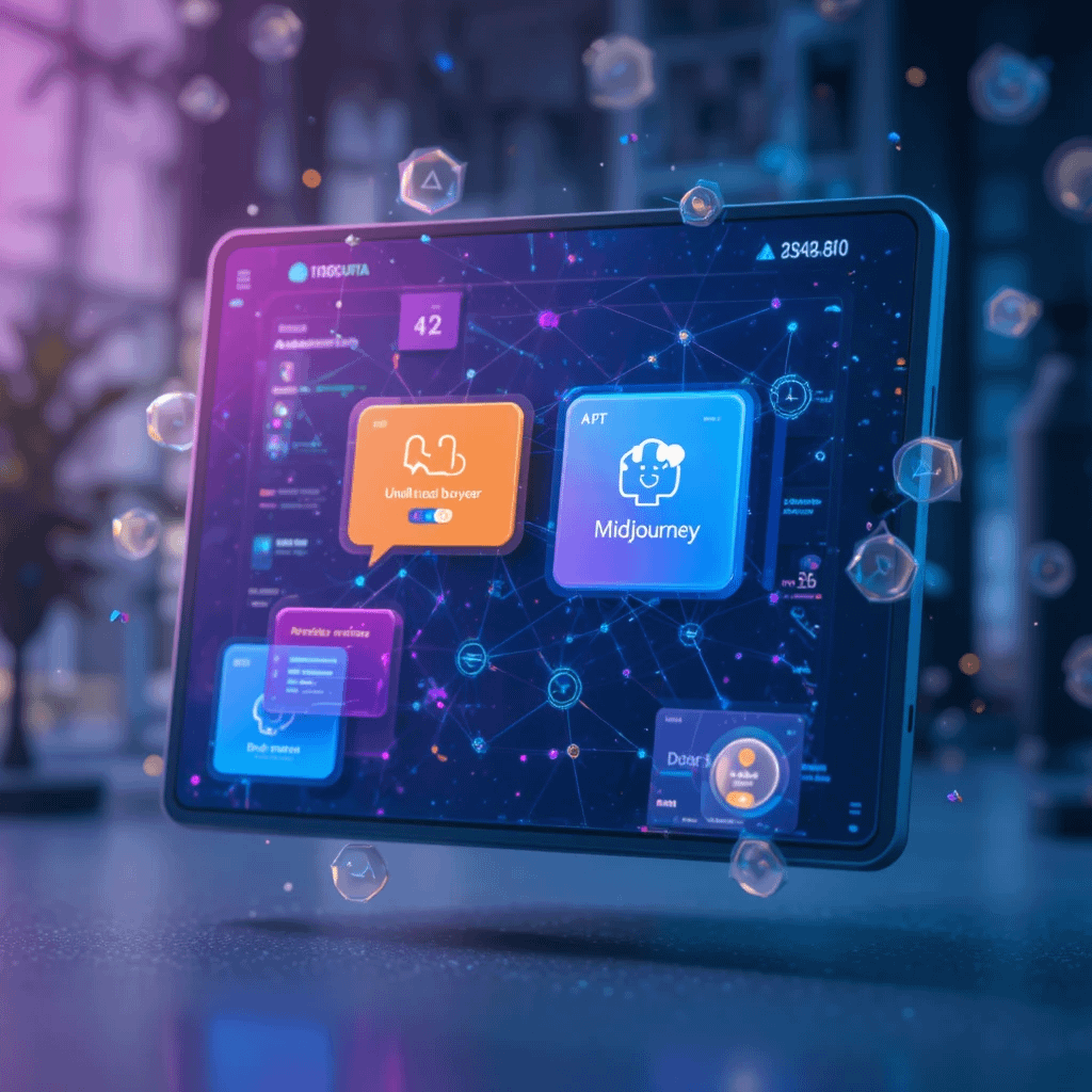 AI prompt marketplace interface with digital cards and connections between buyers and sellers