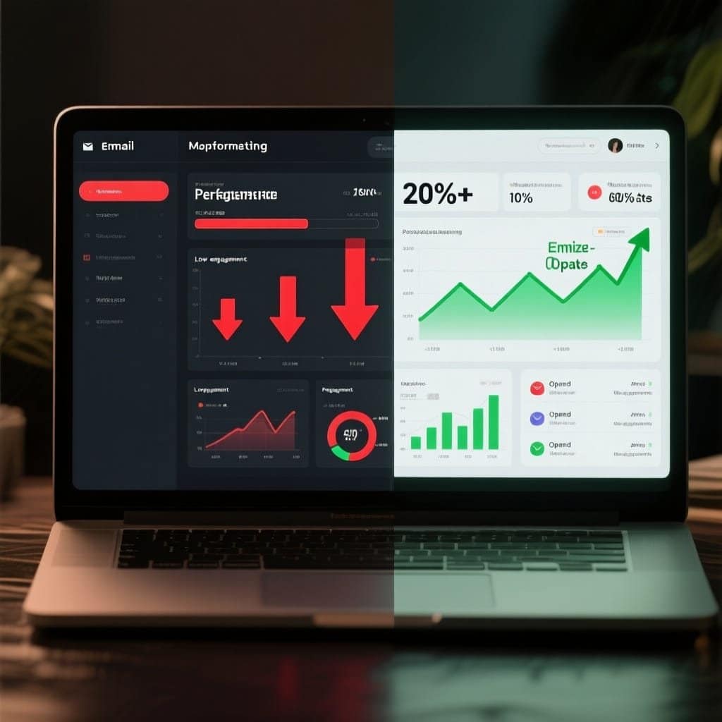 Split-screen email marketing dashboard showing poor performance on left (single-digit open rates, low engagement, red downward arrows) versus optimized performance on right (20%+ open rates, green upward trends, multiple opened emails), clean modern interface with charts and metrics, professional marketing analytics visualization"