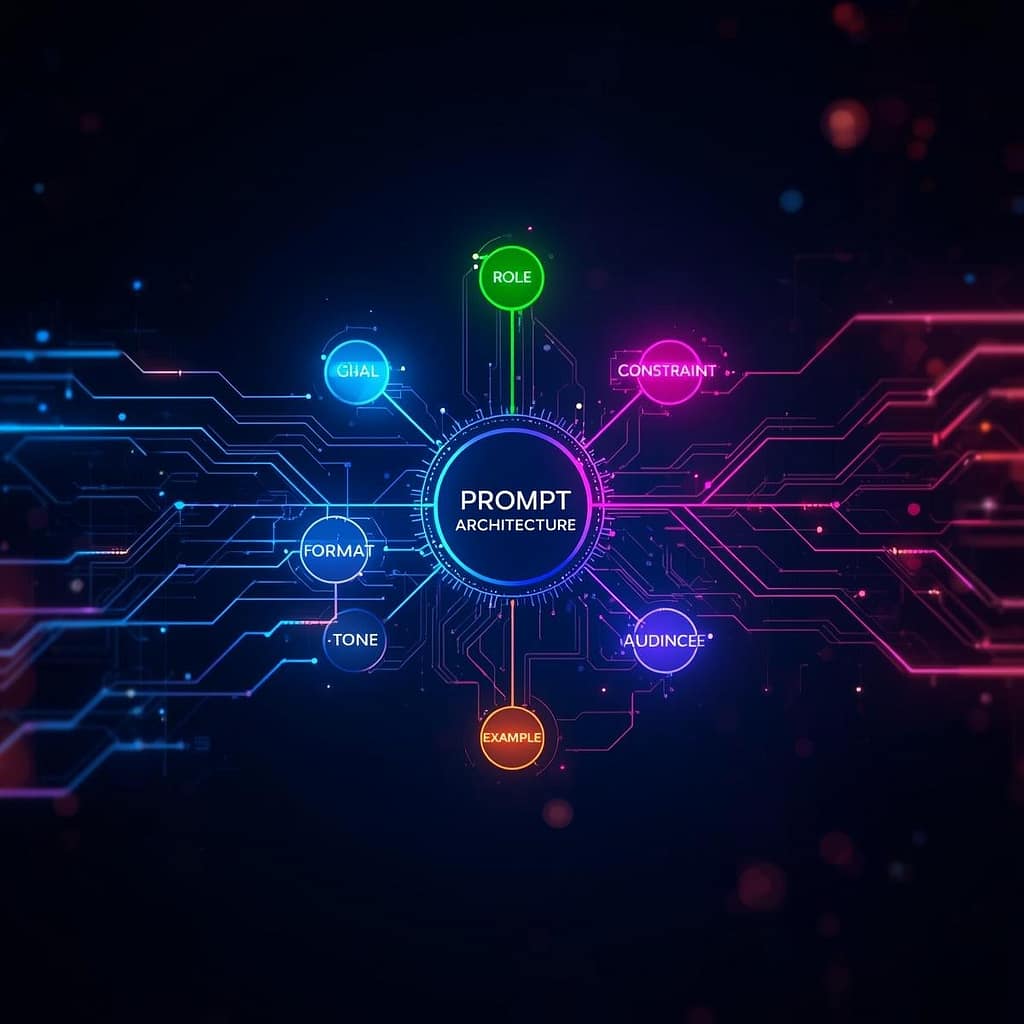 Infographic illustrating prompt components: role, goal, constraint, format, tone, audience, example