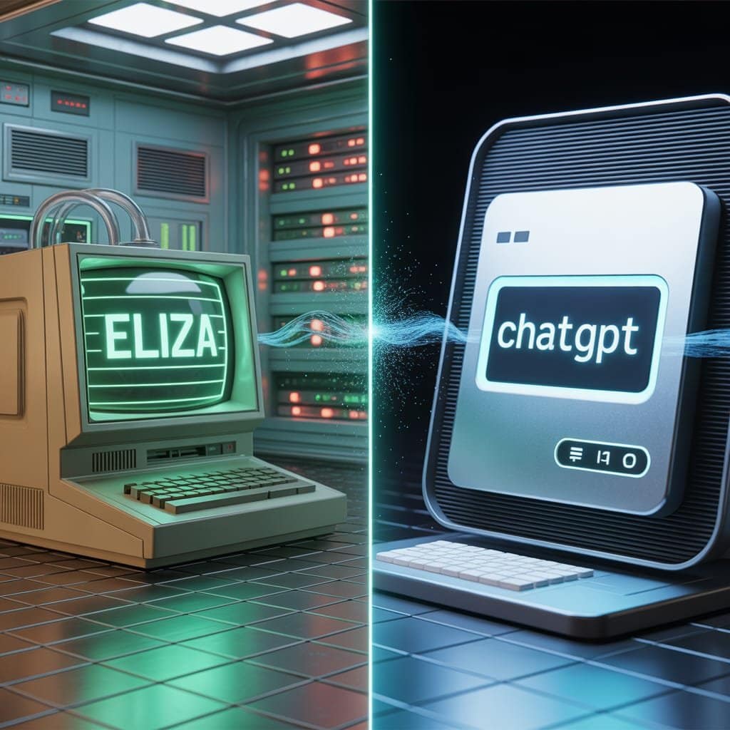 Evolution of AI prompts from ELIZA chatbot to ChatGPT interface.