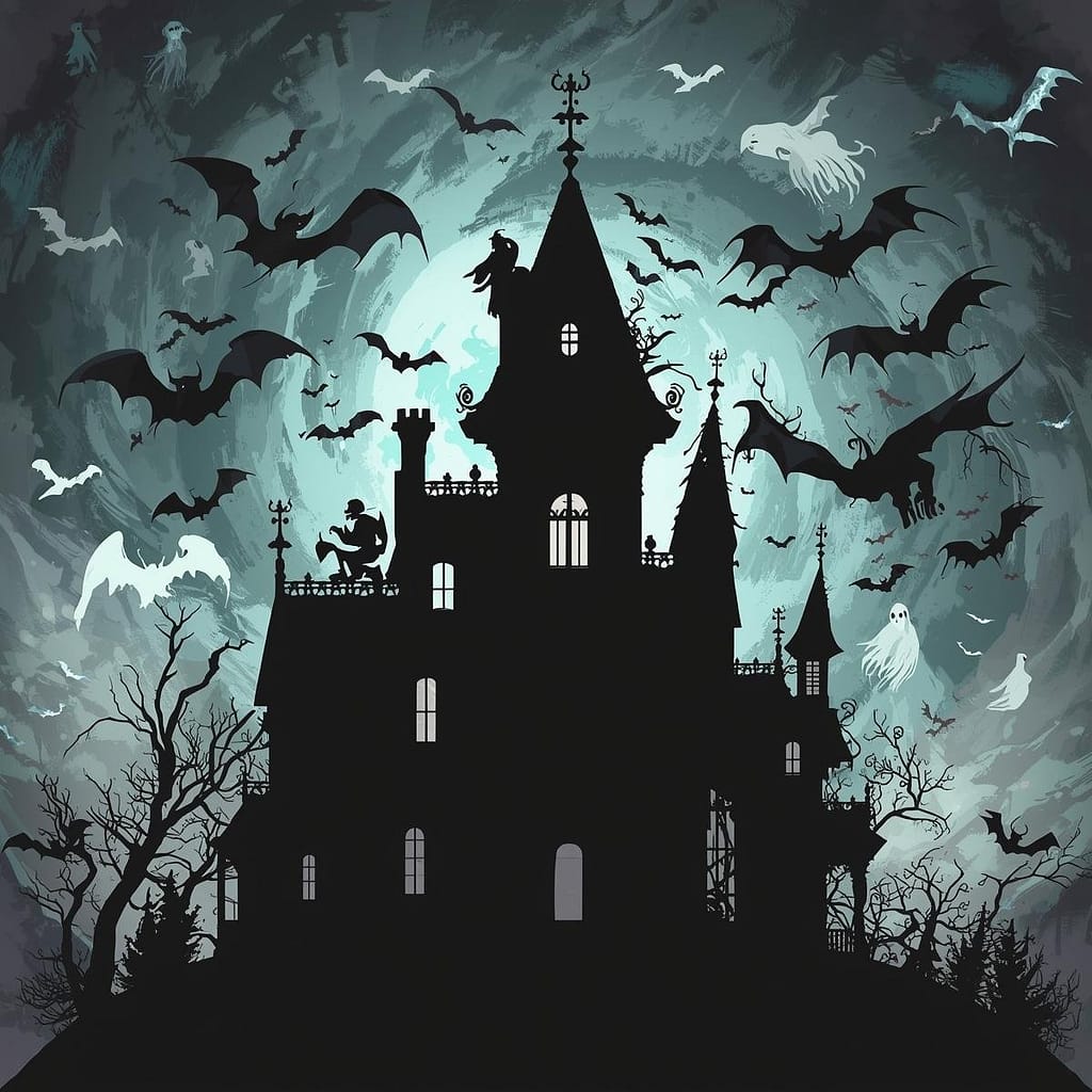Professional pop art style design of a whimsical fantasy haunted mansion Halloween pattern, featuring an intricate, silhouetted roofline of a spooky mansion with broken windows, where gothic gargoyles appear to animate, set against a swirling vortex of bats and shimmering ghostly apparitions, all silhouetted against a dark, turbulent, stormy grey and electric blue misty backdrop. The design is intricate and dynamic, evoking a sense of awakened ancient spirits.