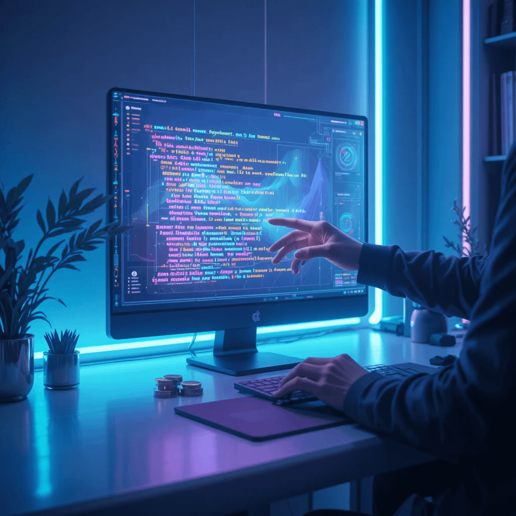 Digital coins and AI prompt code on a holographic screen, symbolizing AI prompt marketplace earnings.