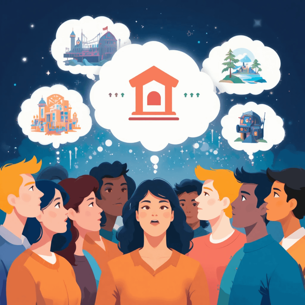 Diverse people with AI prompt ideas converging on a marketplace icon, representing selling AI prompts.