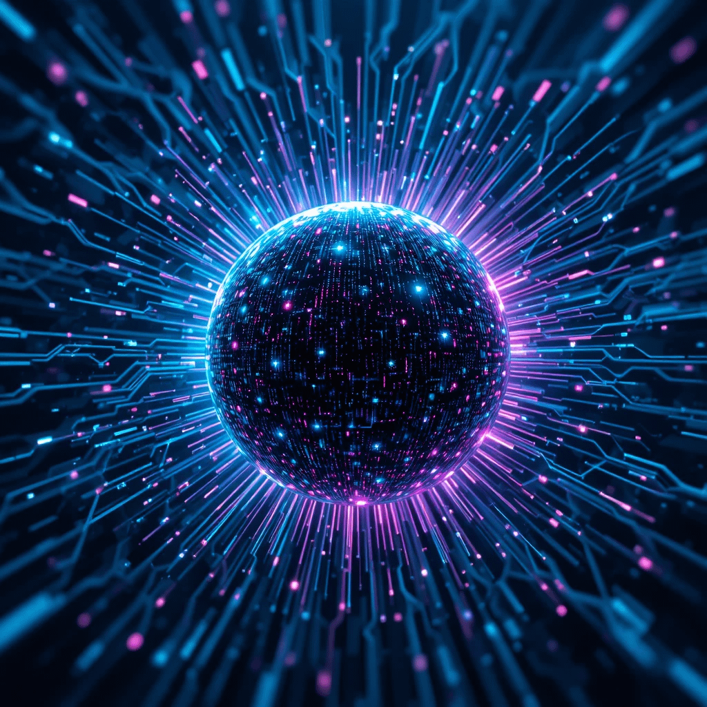 An abstract representation of data flowing and converging into a small, powerful sphere, symbolizing compact AI processing. Dynamic lines, vibrant colors (blues, purples, greens), digital art, high resolution, energetic feel, futuristic glow.