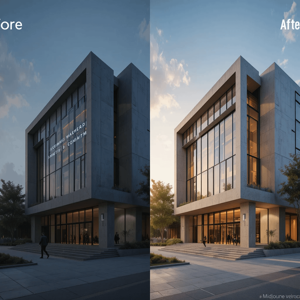 Midjourney architecture prompt transforming text into photorealistic building render