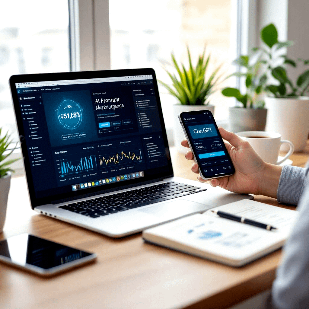 Content creator at modern home office desk working on laptop, screen showing AI prompt marketplace dashboard with sales notifications and earnings graph trending upward, smartphone displaying ChatGPT and Midjourney apps, notebook with prompt ideas, coffee cup, plants, natural lighting through window, sense of success and passive income"
