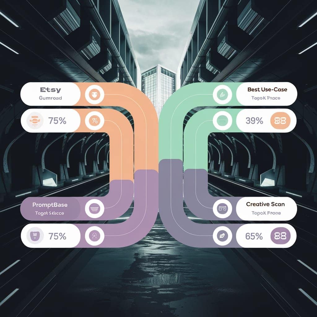 Clean comparison infographic showing major AI prompt marketplaces (Etsy, Gumroad, PromptBase, Creative Fabrica) with icons, fee structures displayed as percentages, traffic indicators, and best-use-case labels, professional business visualization with clear hierarchy, modern flat design, easy to scan"