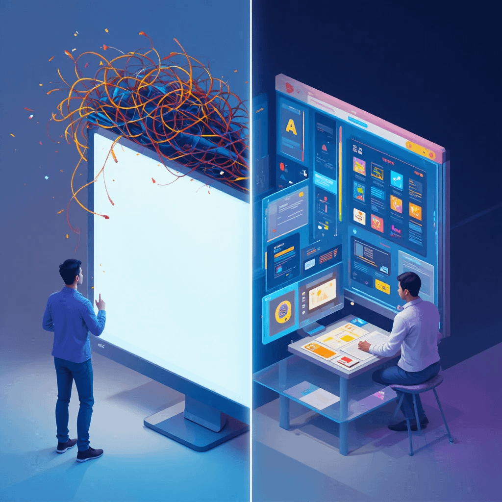 Split screen featuring blank screen frustration on one side and the other show high productivity with prompts