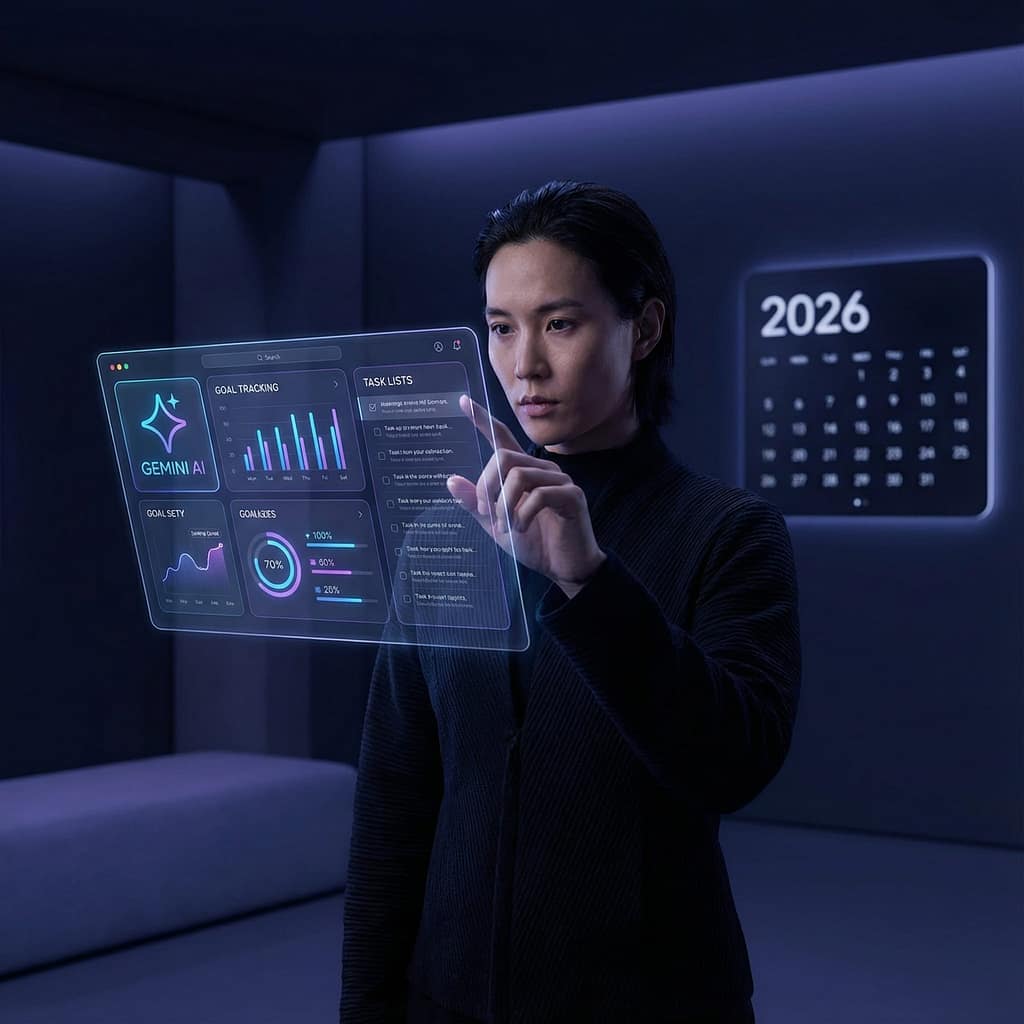 Gemini AI prompts for 2026 goal setting Person using Gemini AI to plan New Year's resolutions