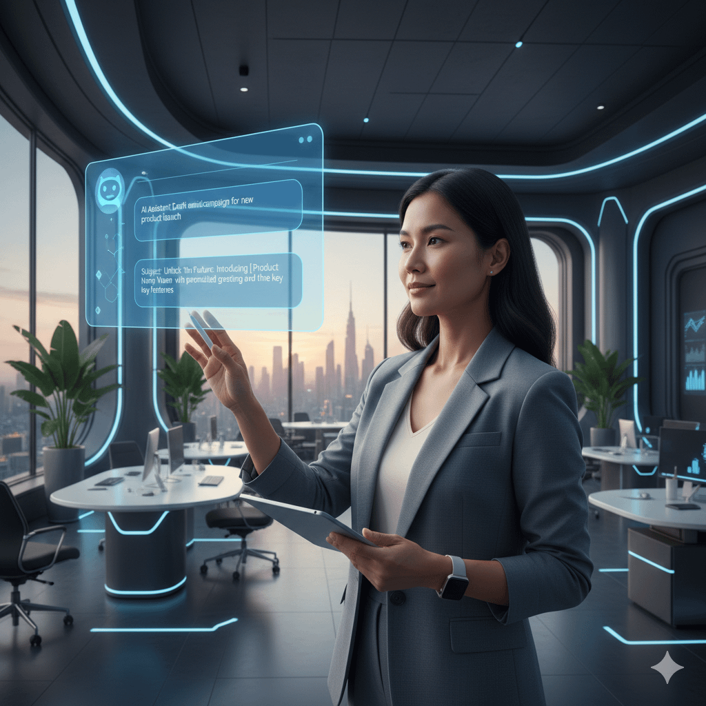 Hand typing AI prompts into a generative AI tool for email subject lines