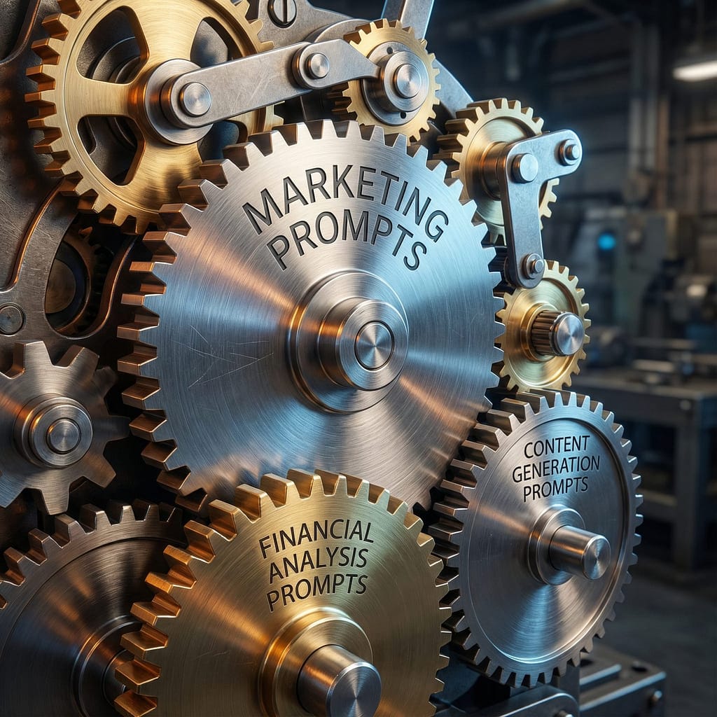 image of gears interlocking, symbolizing a 'repeatable workflow' with each gear labeled for different business AI functions