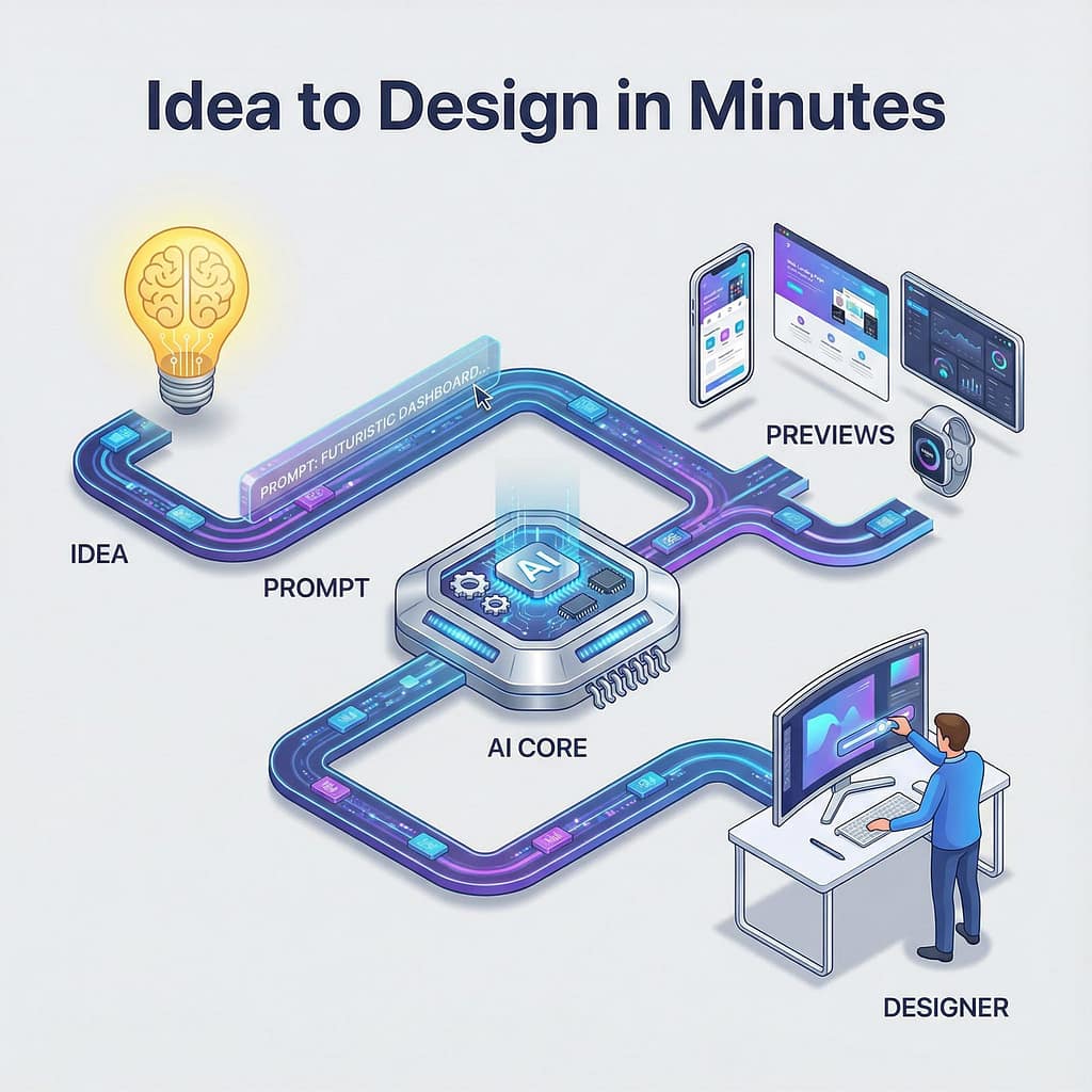 An infographic illustrating the streamlined workflow of using AI prompts: from concept ideation to generating multiple design variations and final refinement.