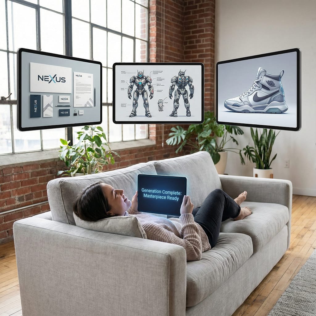 a person relaxing on a comfortable sofa, effortlessly holding a thin tablet that glows with creative light.