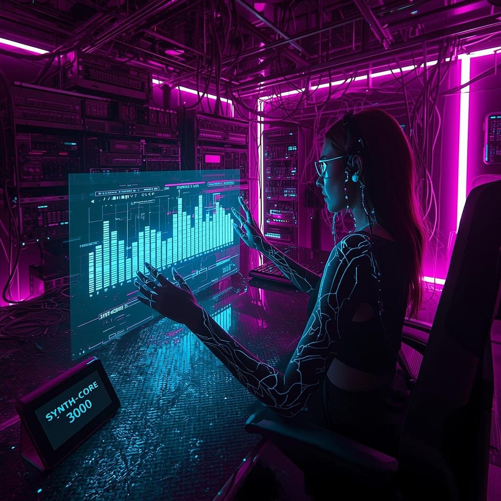 Person composing music with AI prompts on a laptop, surrounded by futuristic musical elements