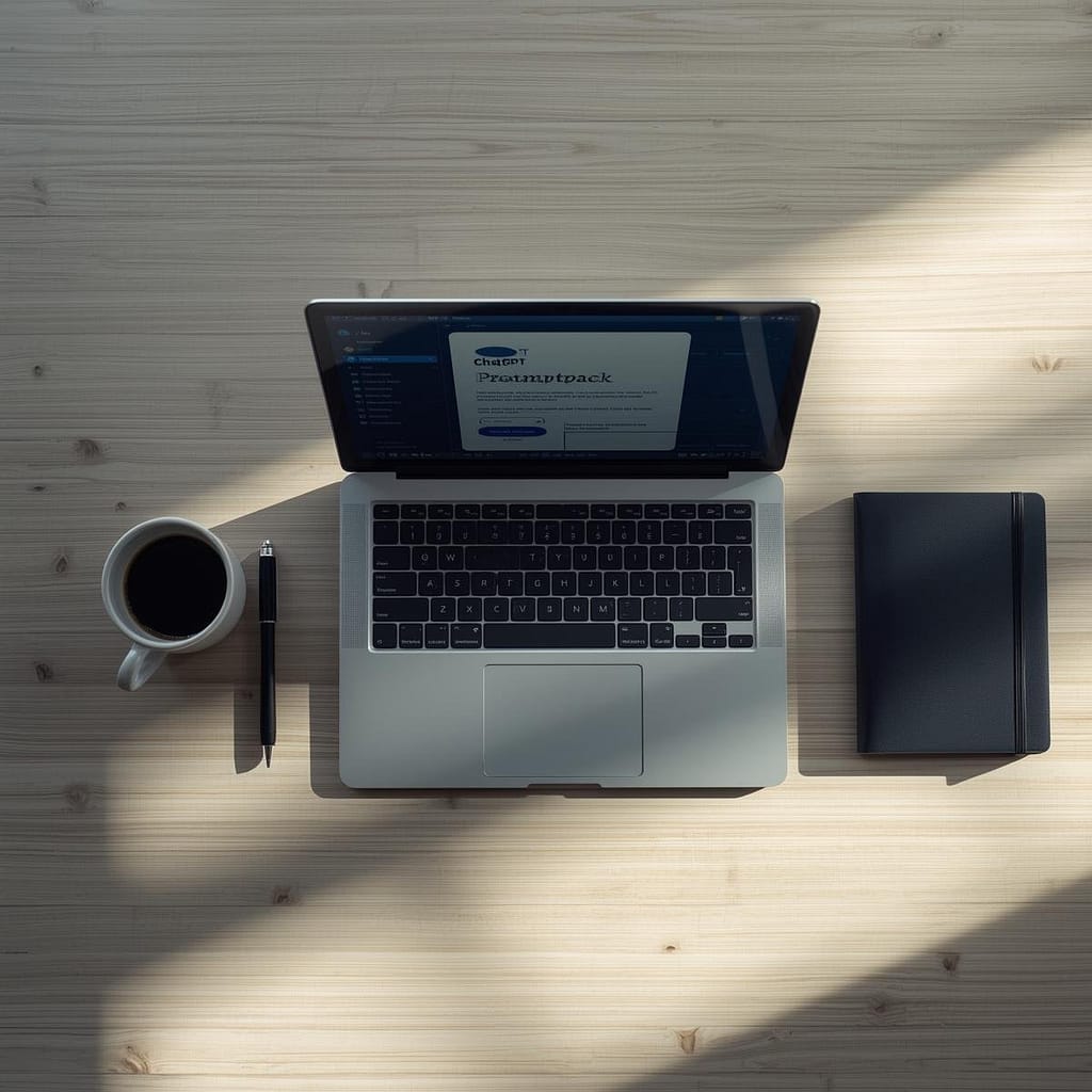 A professional top-down minimalist flat lay photograph of a sleek silver laptop centered on a clean, light-colored wooden desk. The laptop screen displays a crisp ChatGPT user interface with a digital document clearly labeled "Prompt Pack" open and visible. Neatly arranged around the laptop