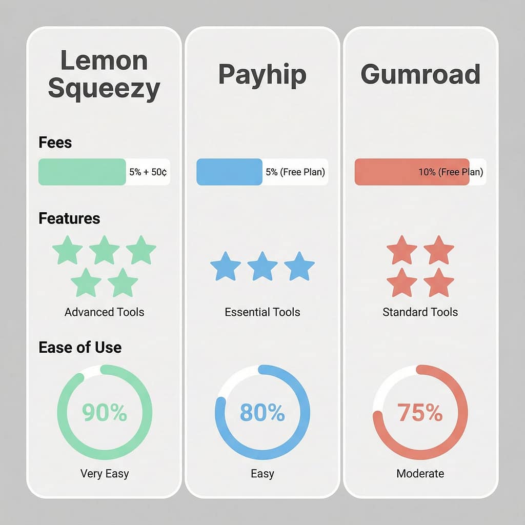 Comparison table of Lemon Squeezy, Payhip, and Gumroad features and pricing