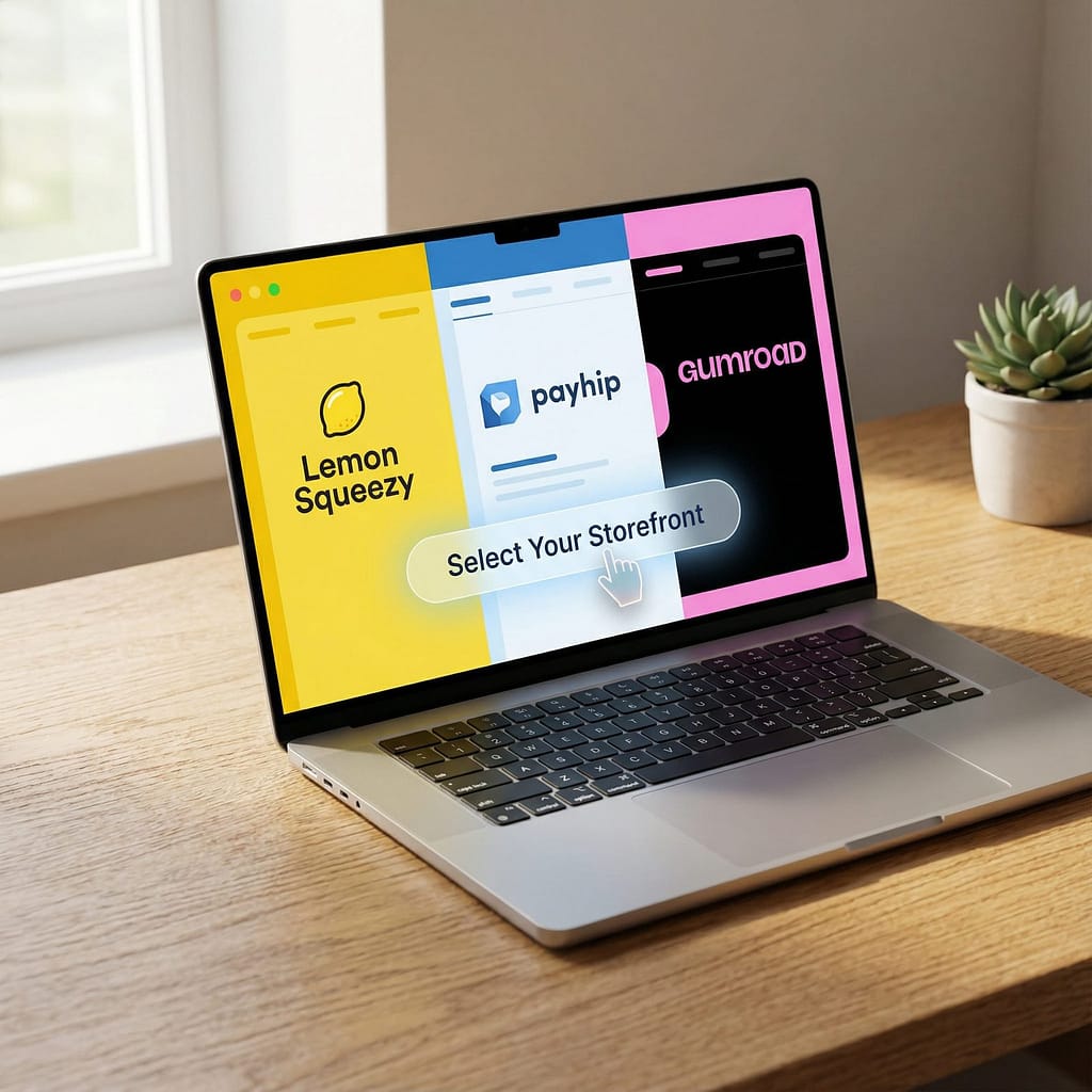 A stylized image of a laptop screen displaying a digital product storefront, with elements from Lemon Squeezy, Payhip, and Gumroad subtly integrated, conveying the idea of 'choosing your platform'.