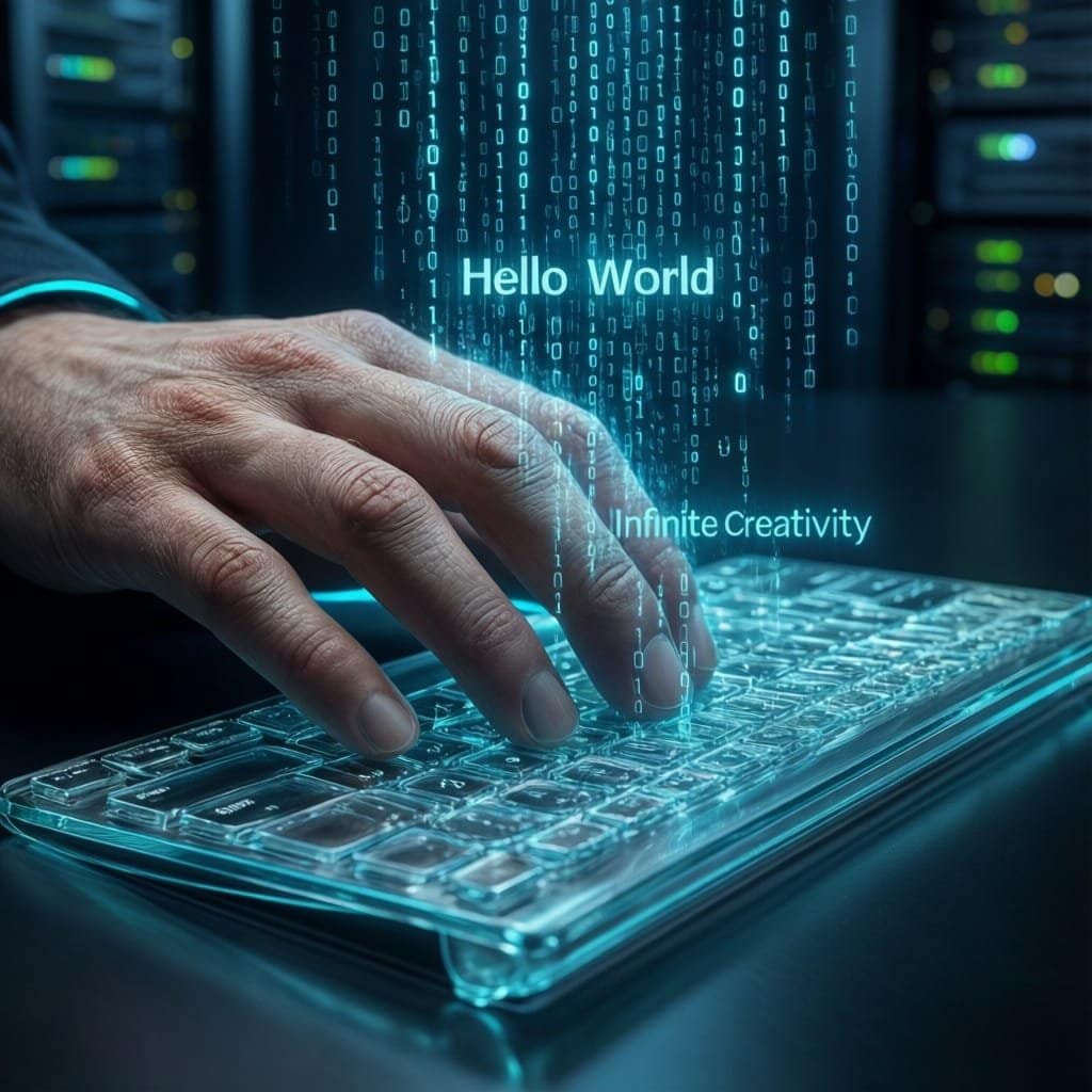 A close-up of a human hand with realistic skin texture typing on a sleek, transparent glass keyboard.
