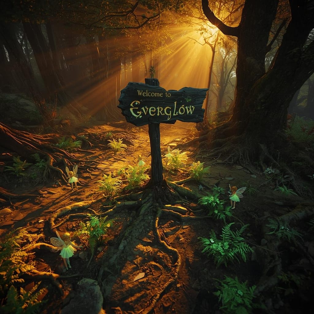 whimsical forest scene with glowing bioluminescent flora and tiny fairies, highly detailed, fantasy art style, golden hour lighting, wide shot, volumetric light.