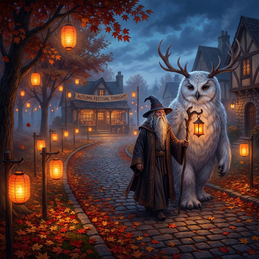 an elderly wizard with a long silver beard walking side-by-side with a massive, fluffy forest spirit.