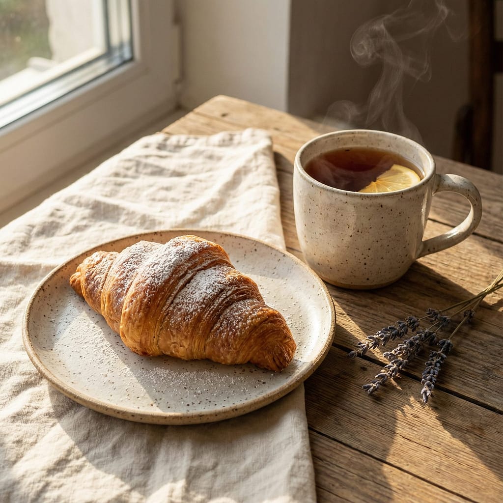 a golden-brown croissant resting on a handmade, speckled ceramic plate. The croissant features visible, flaky layers with a light dusting of powdered sugar.