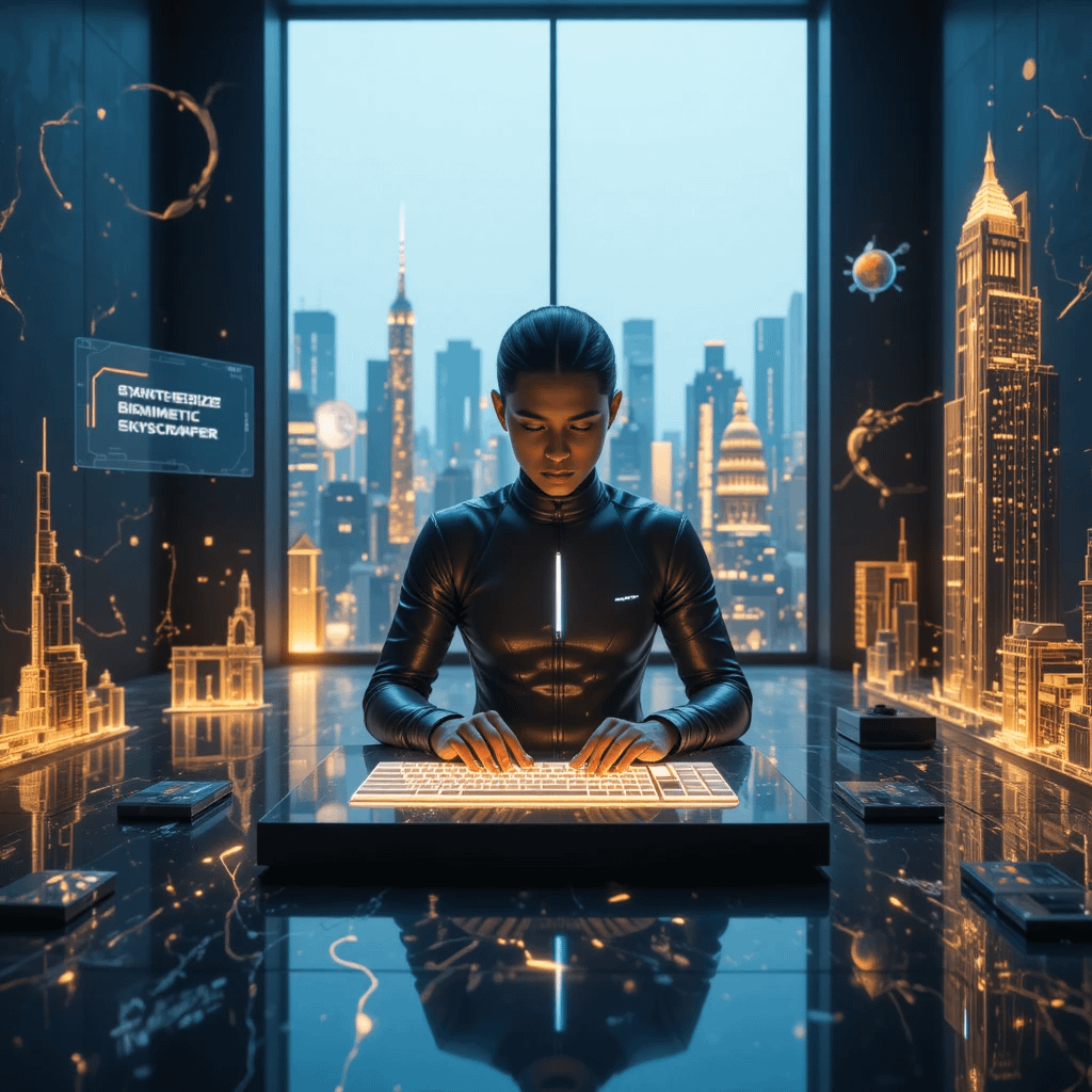 A graphic designer using a tablet with an AI-powered design interface, showing various AI-generated design elements based on a text prompt.