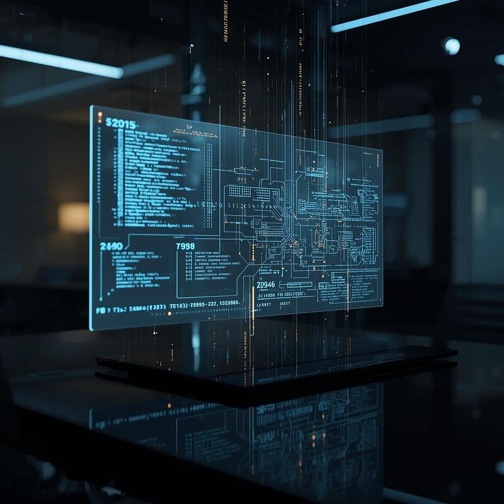 A professional digital workspace with a glowing holographic interface showing structured code and logical flowcharts