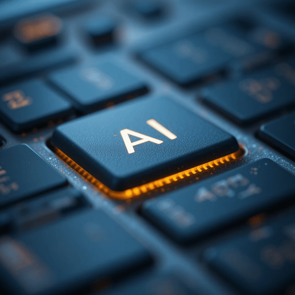 A macro close-up of a keyboard with one glowing 'AI' button