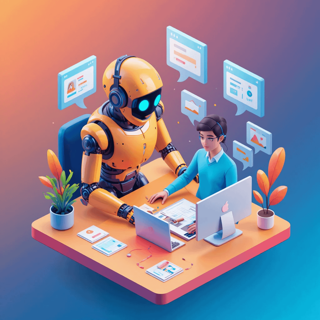 A 3D isometric illustration of a robot and a human agent working together