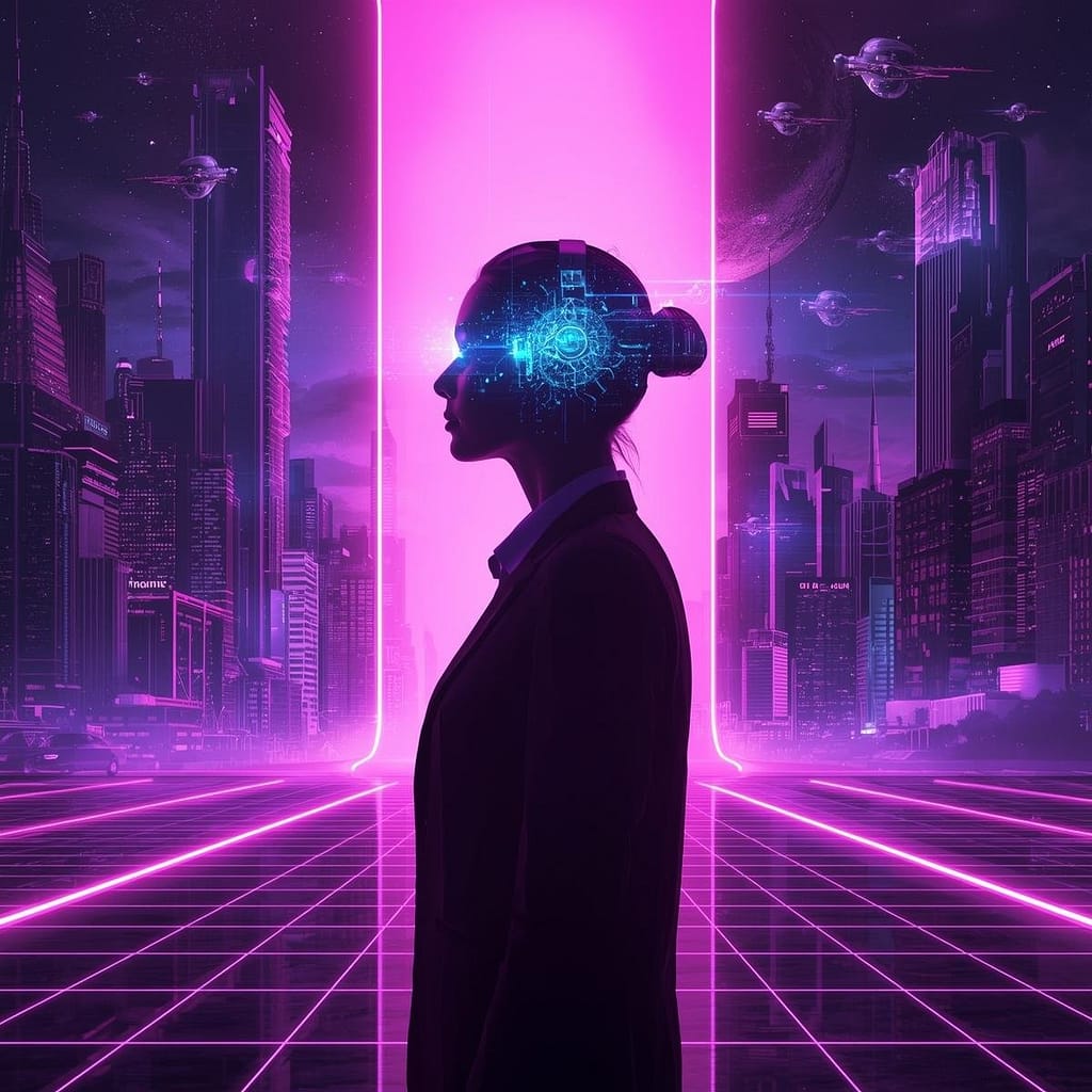 A silhouette of a professional sales agent wearing a sleek holographic headset, integrated with glowing neural network patterns