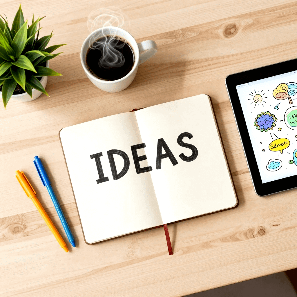 light wooden desk. The central focus is an open notebook with "IDEAS" boldly written, surrounded by creative elements like colorful pens, a steaming cup of coffee, a small plant, and a minimalist digital tablet displaying a mind map.
