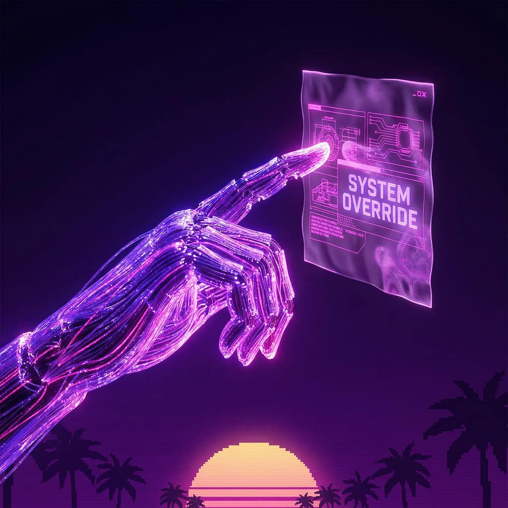 A robotic hand made of glowing neon light filaments interacting with a floating holographic prompt box in mid-air