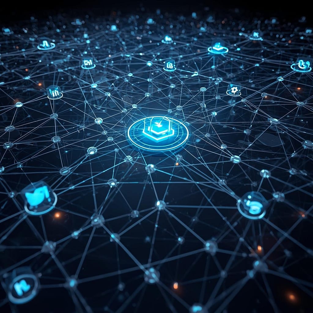 Interconnected glowing lines and geometric data nodes create a structured grid representing various platforms