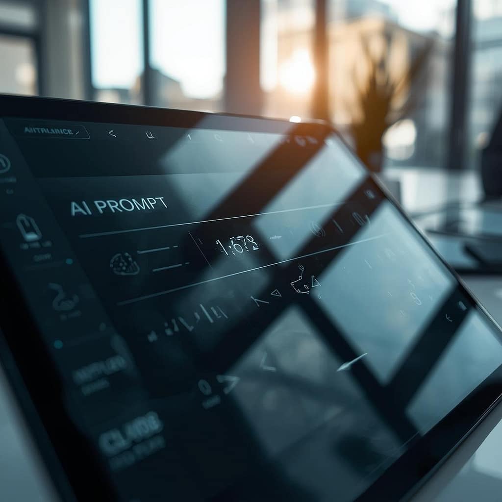 close-up of a premium glass tablet screen showing a sleek AI prompt interface